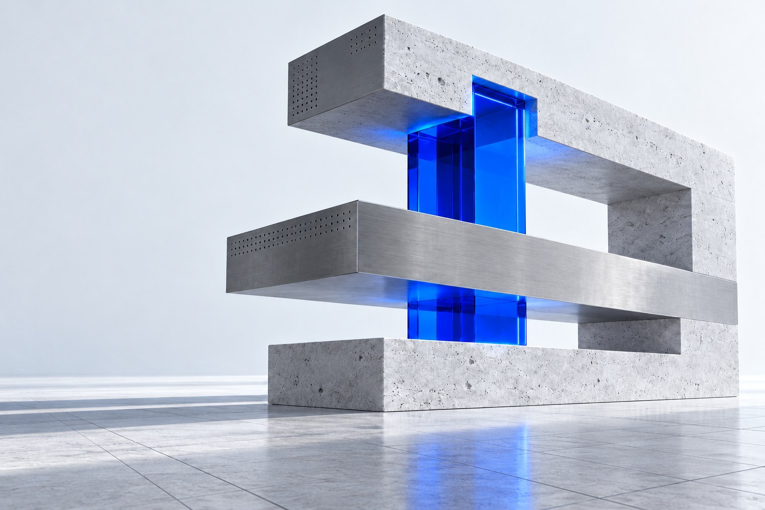 Architecture de pierre, de métal et de verre bleu, une interprétation des fondations numériques.